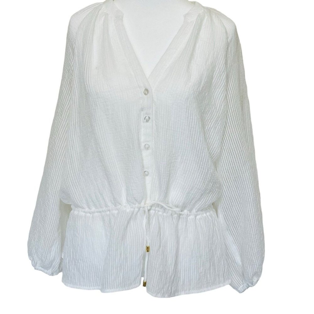 Marc New York Balloon Sleeve Top Blouse Womens L White Boho Peplum
